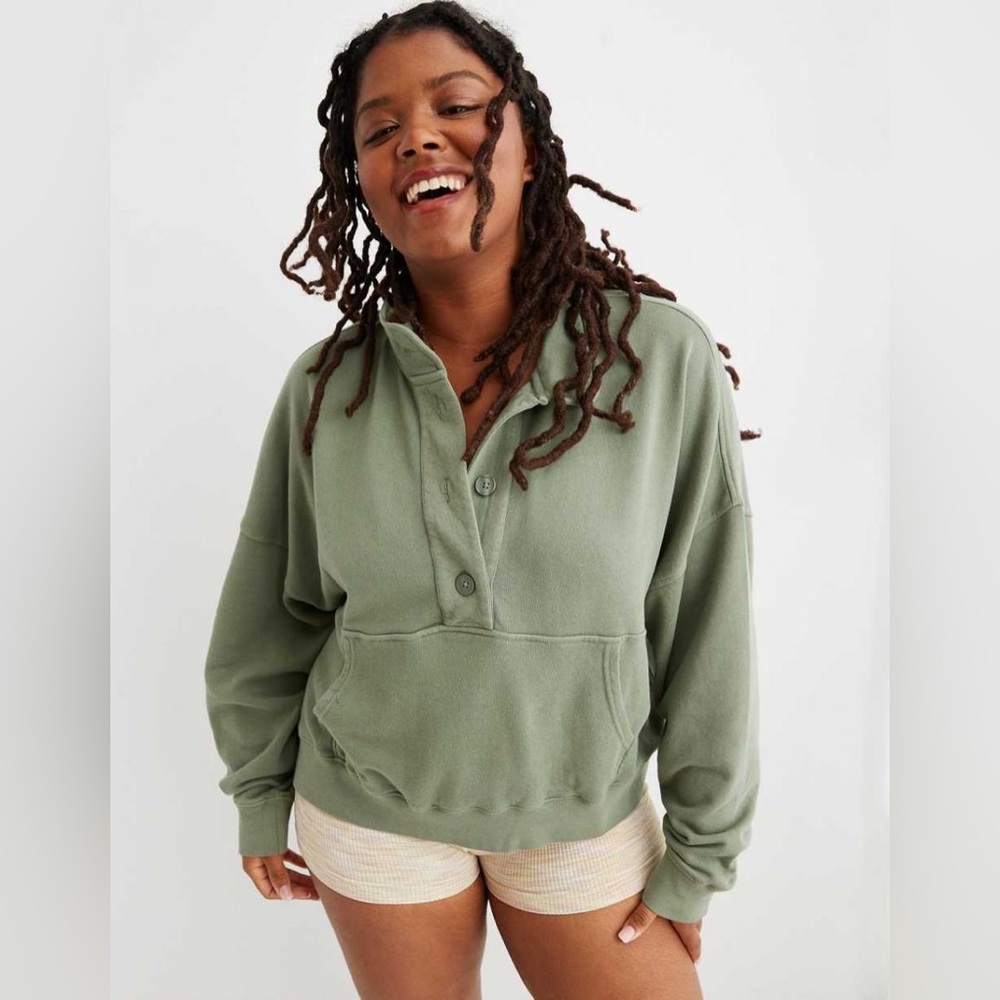 Aerie Green Button-Up Sweatshirt